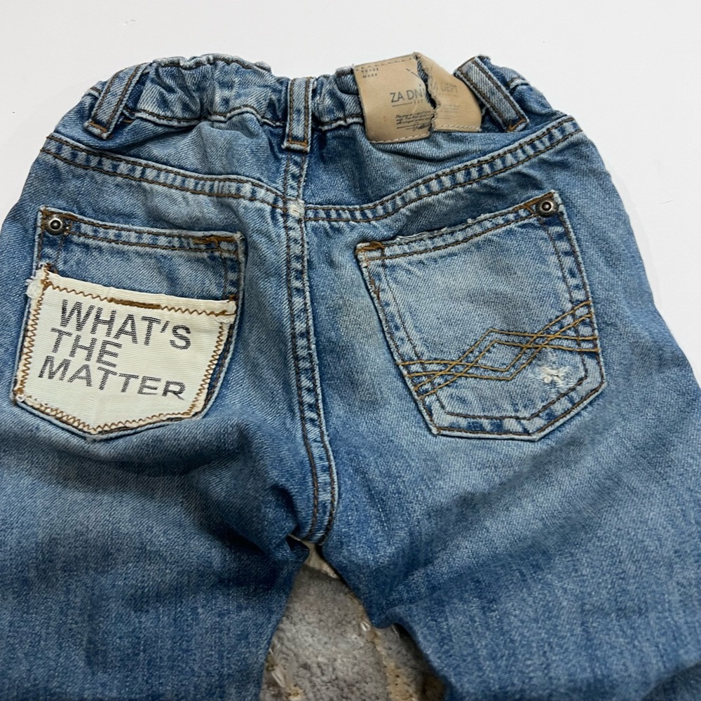 Zara Boys Distressed Patchwork Jeans Size 104 Blue Elastic Waist - Picture 6 of 12